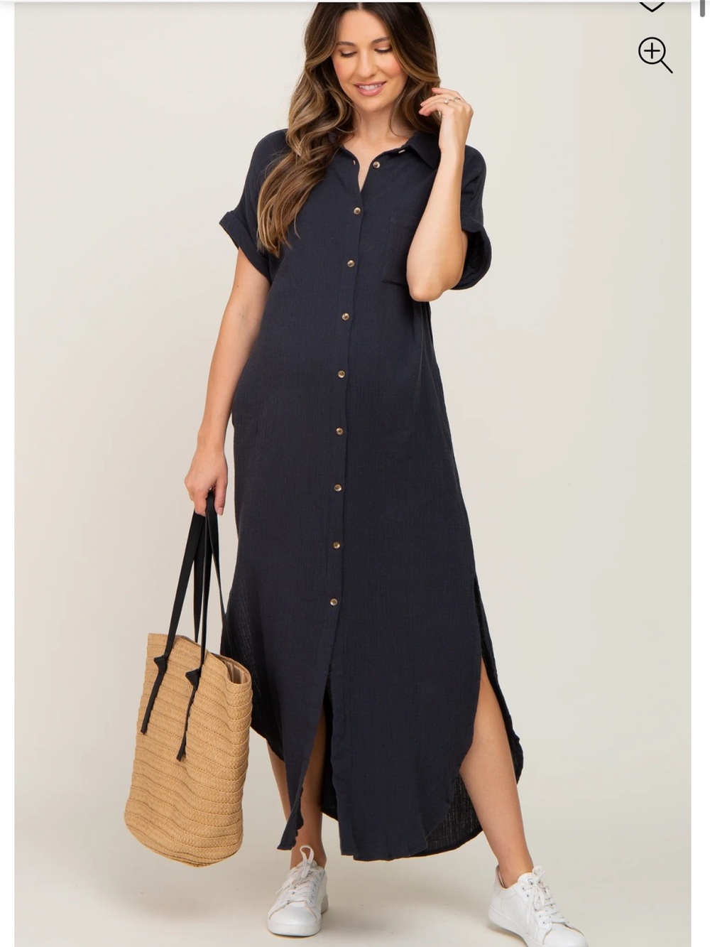 Size L Maternity Pink blush maternity button down gauze dress in charcoal EUC